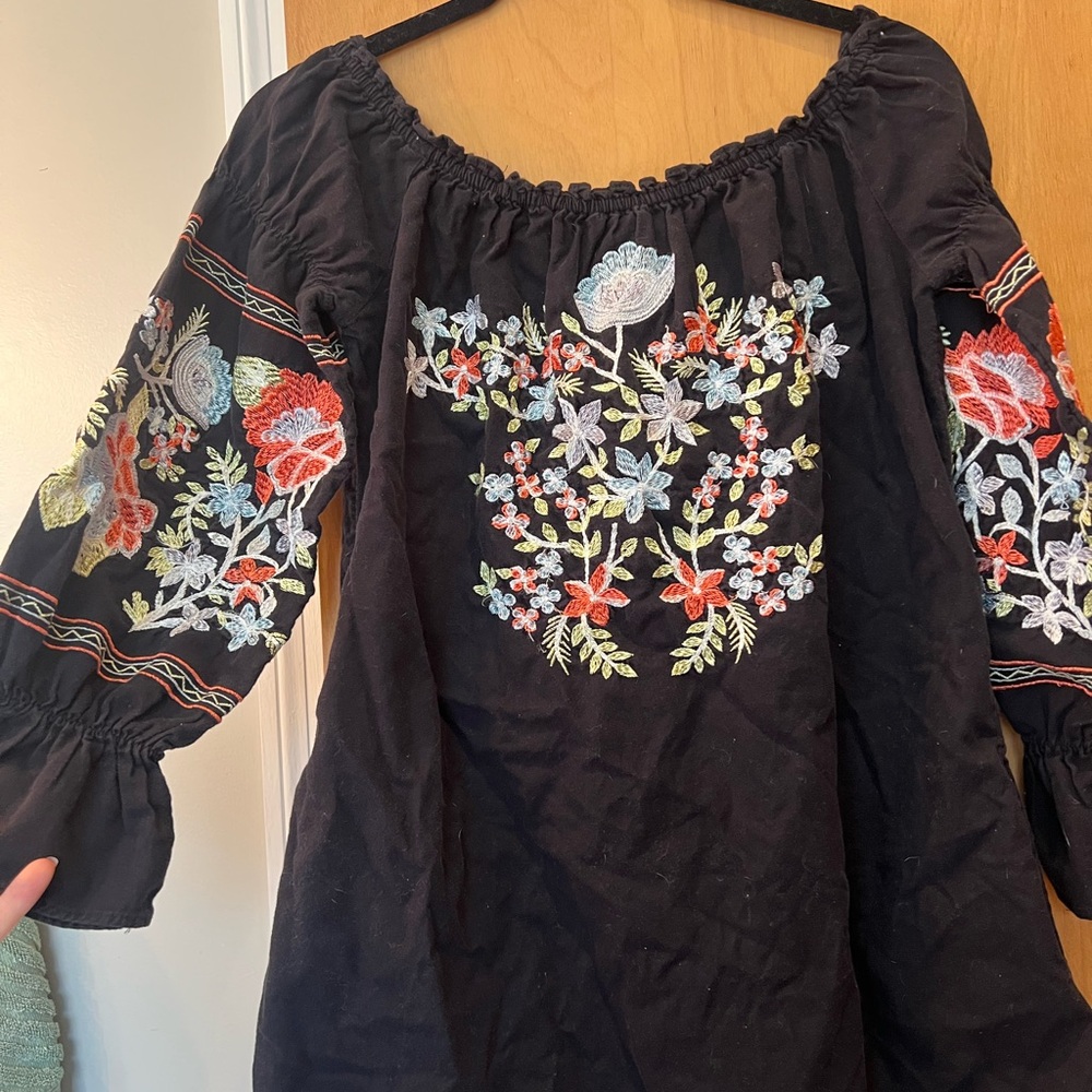 Free People Black Floral Embroidered Long Sleeve Dress